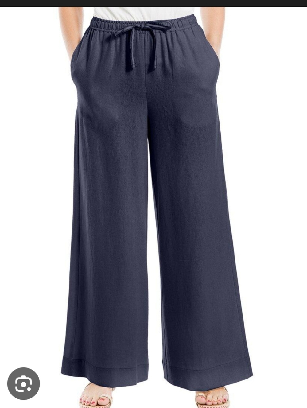 Max Studio Linen Blend Navy Wide Leg Pants High Waisted Drawstring Elastic Waist